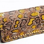 Hand finished flat LARGE clutch in multi yellow snake print leather